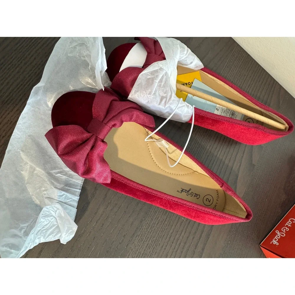 Christmas Cat & Jack Perla Ballet Flats Girls Size 2 Red Velvet Oversized Bow